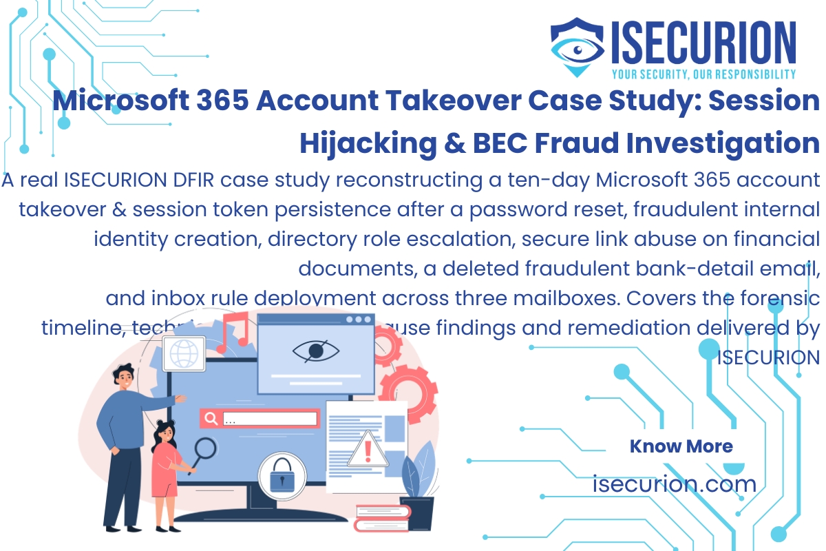 Microsoft 365 Account Takeover Case Study - Session Hijacking, Business Email Compromise & Attempted Wire Fraud Investigation by ISECURION DFIR Team using Entra ID, Exchange Online and SharePoint Forensics