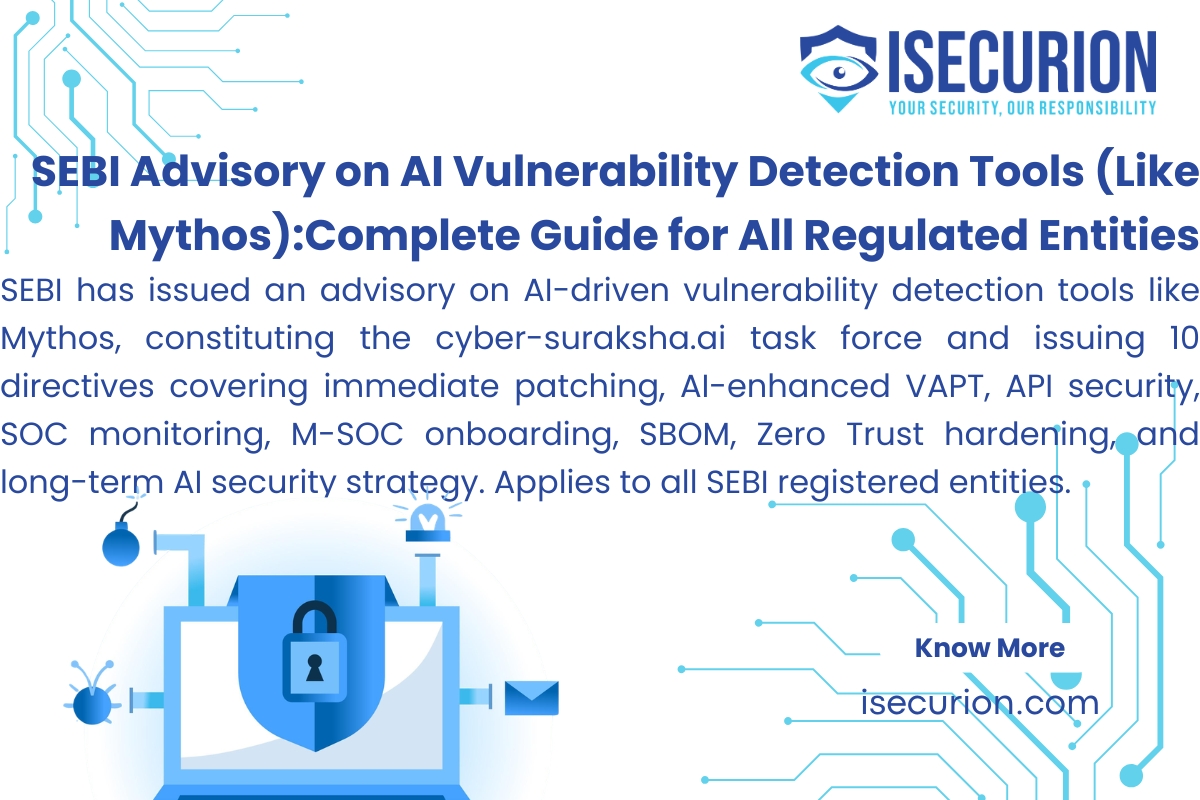 SEBI Advisory on AI-Driven Vulnerability Detection Tools like Mythos - cyber-suraksha.ai Task Force, 10 Directives, API Security, SOC Monitoring and CSCRF Compliance Guide for Stock Brokers, AMCs, Depositories and all SEBI Regulated Entities by ISECURION, CERT-In Empanelled Cybersecurity Firm across Bengaluru, Mumbai, Delhi, Hyderabad